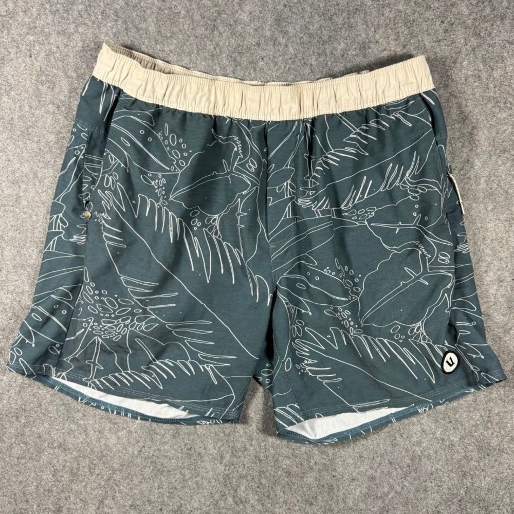 Vuori Banks Shorts Mens Medium Teal Tropical Leaf Performance Hybrid Swim 34x6